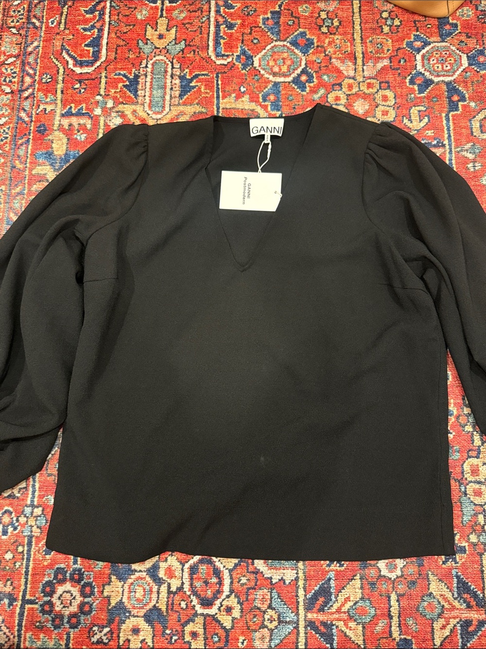 Ganni Black V-Neck Puff Shoulder Blouse